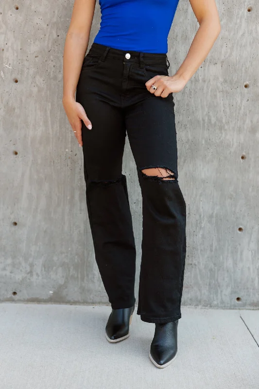 CLAIRE DISTRESSED WIDE LEG JEANS - BLACK Fashionable Distressed Jeans