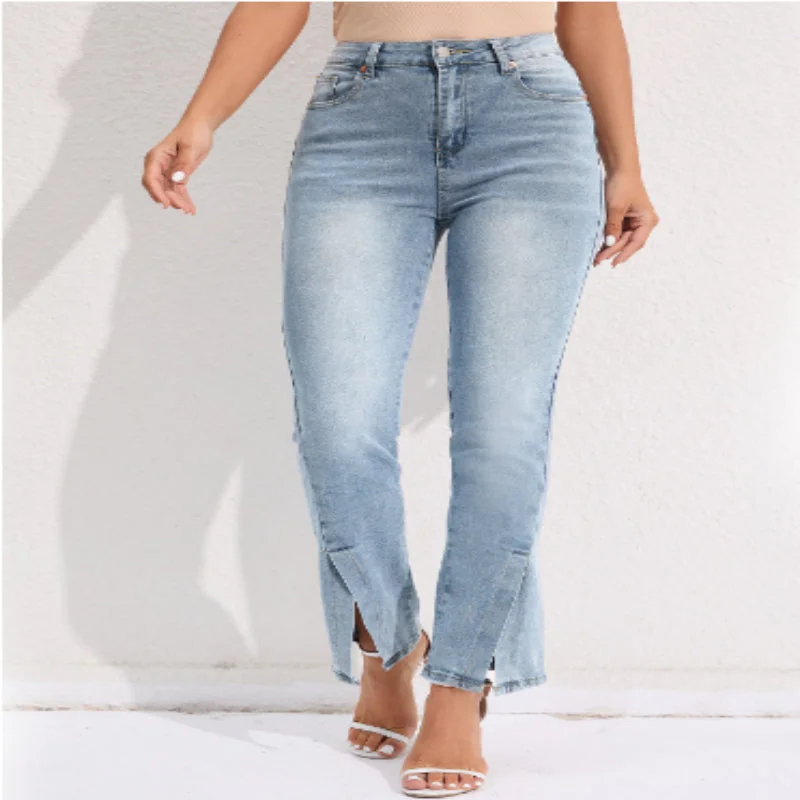 Commuter Split Straight Pants Fashionable Stretch Washed Jeans Trendy Low-Rise Slim Jeans