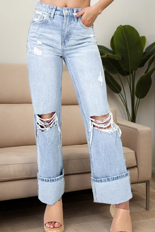 Distressed High Waist Jeans with Pockets Fashionable Frayed Hem Denim