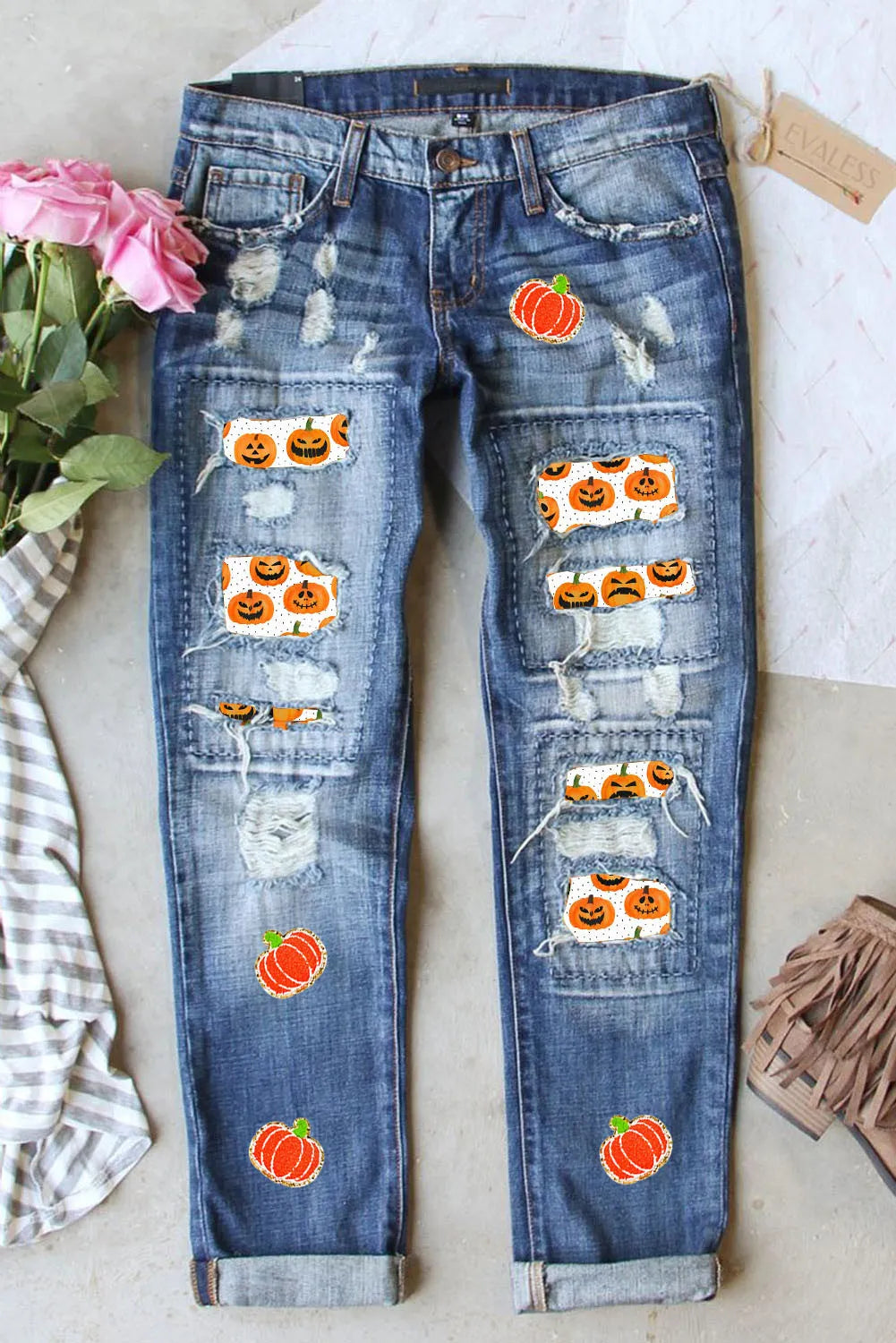 Distressed Pumpkin Jeans with Pockets Trendy Flared Leg Jeans