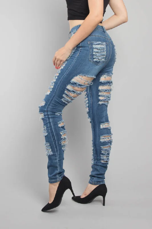 Double Distressed Denim Skinny Jeans Comfortable Zip-Fly Denim Jeans