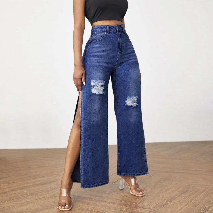 European And American Ripped Women's Jeans Comfortable Straight-Legged Denim