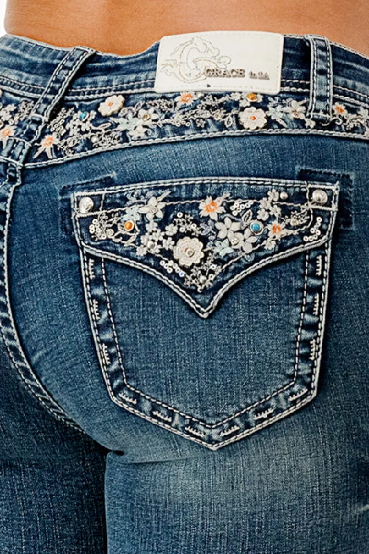 Floral Embroidered Yoke Detail Mid Rise Bootcut Jeans Fashionable Frayed Hem Denim