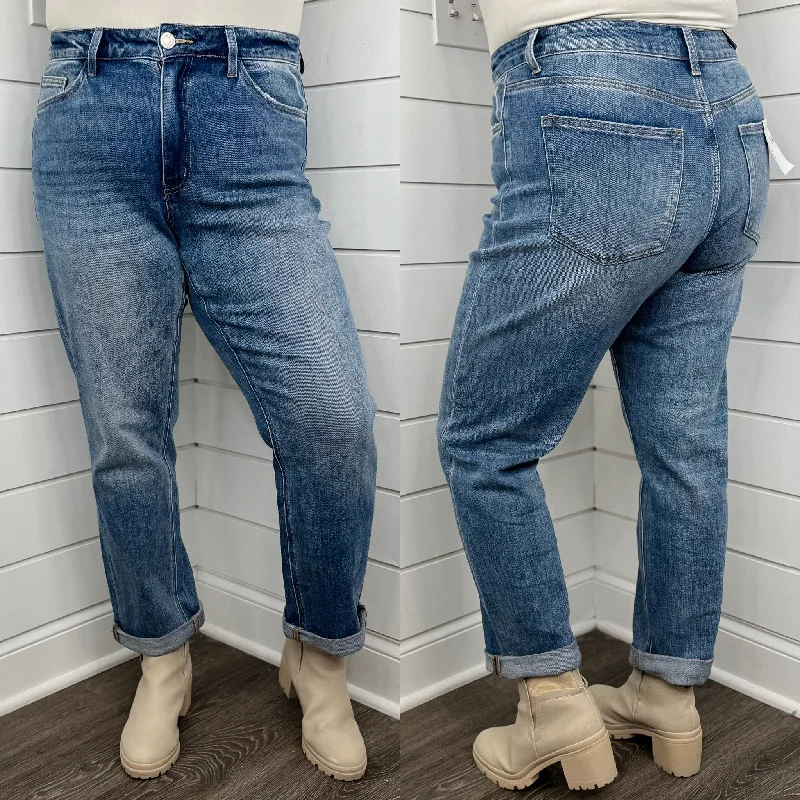 Flying Monkey Vervet Aubree High Rise Double Cuff Boyfriend Medium Wash Blue Jeans Stylish High-Waisted Denim