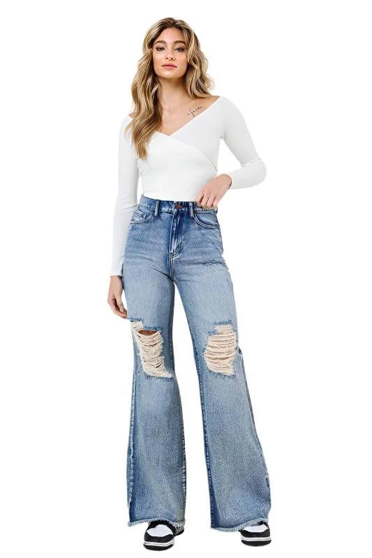 High Rise Wide Leg In Vintage Acid Wash Jeans Comfortable Folded Hem Jeans