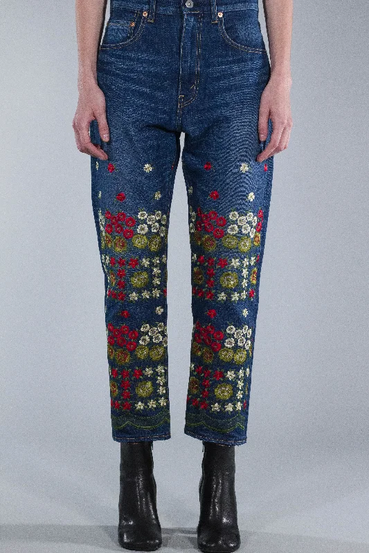 Junya Watanabe Denim Salvage Straight Leg Jeans With Flower Emboidery Trendy Patchwork Denim Jeans