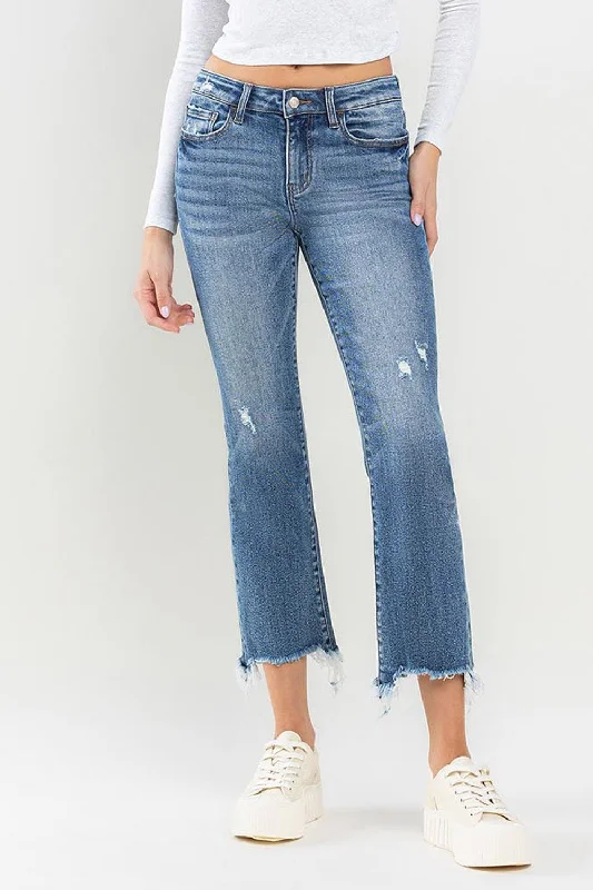 Lovervet Mid Rise Frayed Hem Jeans Trendy Wide-Leg High-Waist Denim