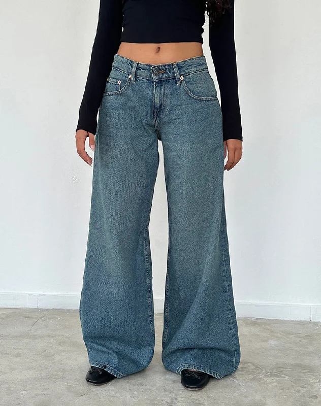 Roomy Oversized Low Rise Jeans in Vintage Blue Green Chic Faded Blue Jeans