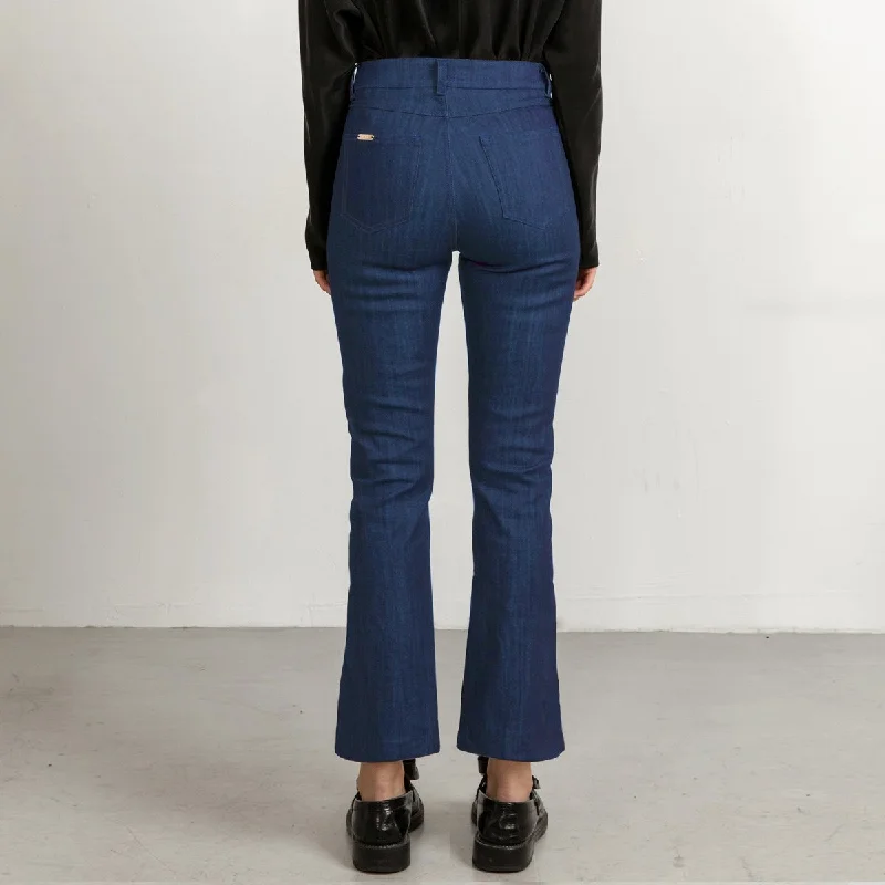 Mid Blue Flared Jeans With Matching Stitch Cropped Stylish Slim Fit Denim