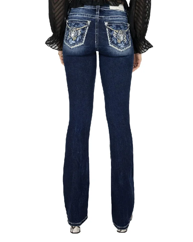 Women's Laser Leaves Longhorn Bootcut Jeans Elegant Dark-Wash Bootcut Jeans