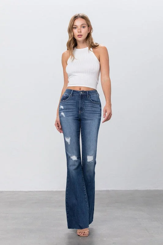 MID RISE DARK WASH FLARE JEANS Casual High-Waisted Bootcut Jeans