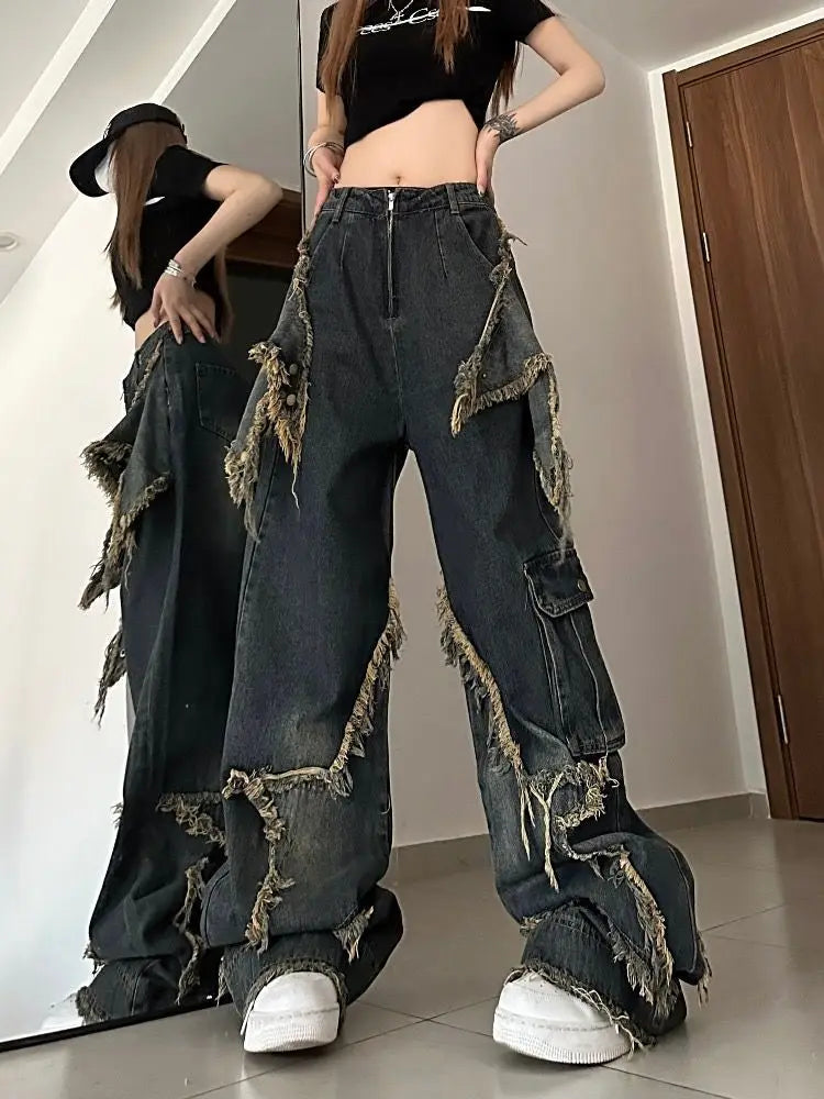 New Star Patchwork Fashion Slim High Waist Punk Hip Hop Loose Jeans Fashionable Distressed Jeans