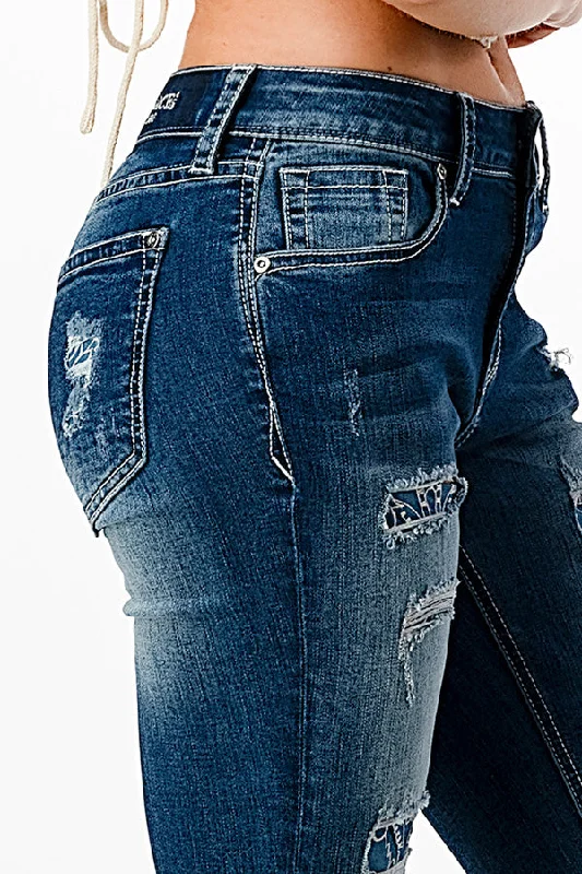 Patch Work Distressed Med Blue Mid Rise Skinny Jeans Trendy Skinny High-Waist Jeans