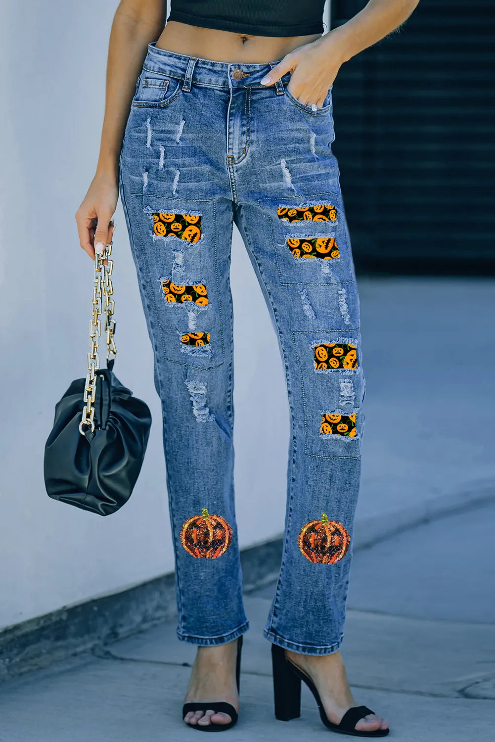 Pumpkin Distressed Straight Jeans Fashionable Relaxed Fit Denim