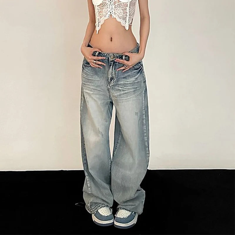 Retro Baggy Vintage Streetwear Oversized Skinny Hippie Straight Wide Leg Jeans Elegant Dark-Wash Bootcut Jeans