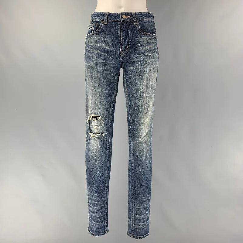 SAINT LAURENT Size 26 Blue Cotton &  Elastane Distressed Skinny Jeans Stylish Bootcut Denim Jeans