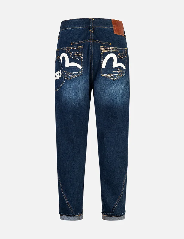 Seagull and Logo Print 3D Fit Jeans Trendy Wide-Legged High-Waist Jeans