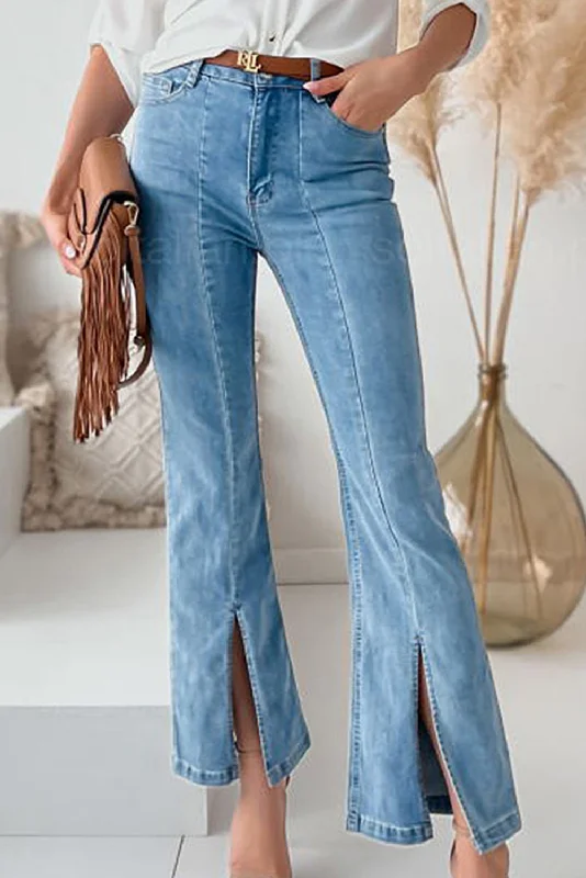 Sky Blue High Waist Seamed Split Flare Jeans Fashionable Frayed Hem Denim