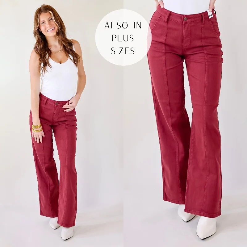 Last Chance Size 0, 13, 15, 14W-24W | Judy Blue | Day Dreamin' Wide Leg Jeans with Front Seam in Burgundy Red Fashionable Straight Fit Denim