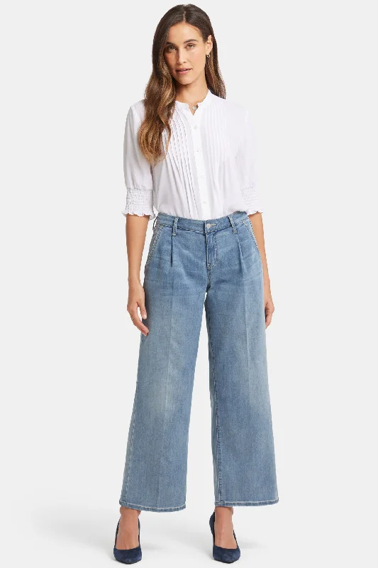 Teresa Wide Leg Ankle Jeans In Petite - Indigo Stream Trendy Flared Leg Jeans