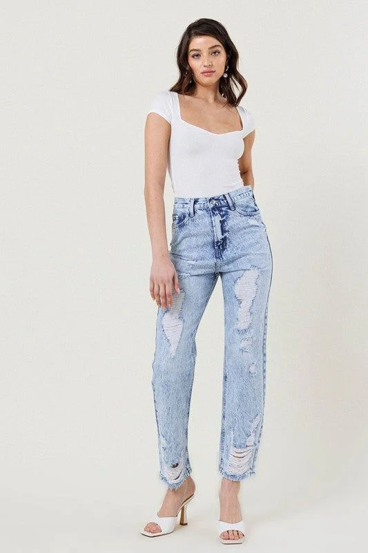 Vibrant MIU High Waisted Straight Leg in Vintage Acid Wash Jeans Trendy Colored Denim Jeans