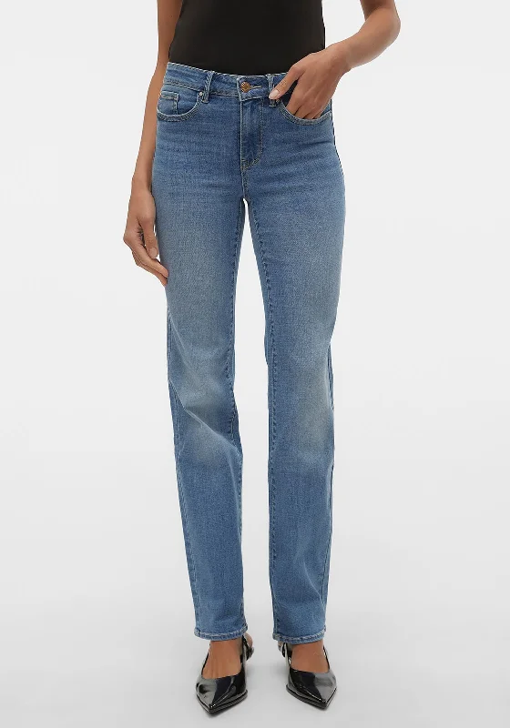 Vero Moda Flash Straight Leg Jeans, Medium Blue Comfortable Faded High-Rise Jeans