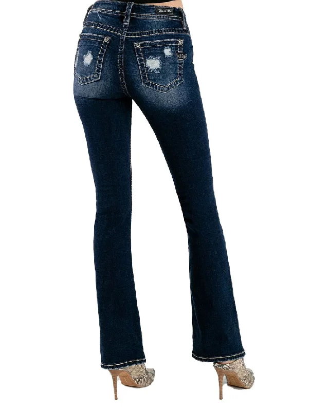 Women's Distressed Dark Wash Bootcut Jeans Trendy Skinny High-Waist Jeans