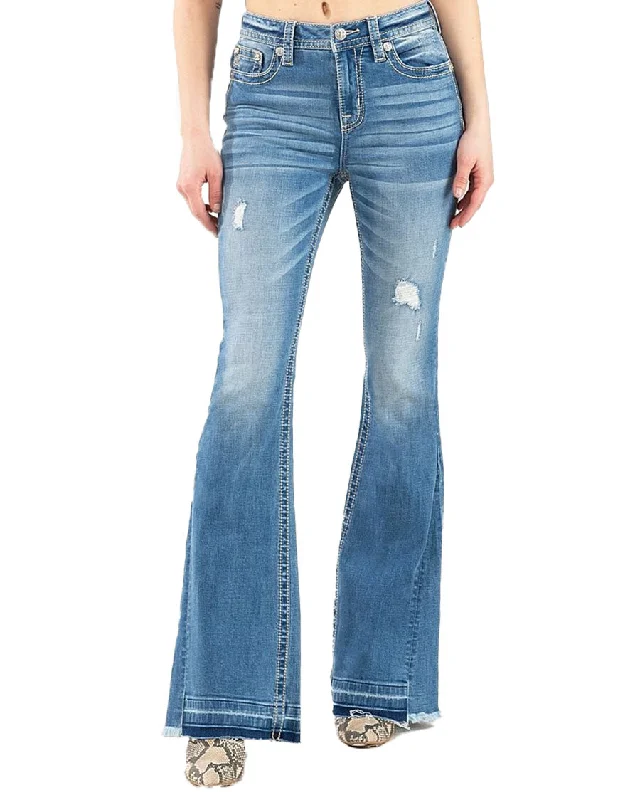 Women's Not So Fray High Rise Flare Jeans Stylish Stone-Wash Denim Jeans